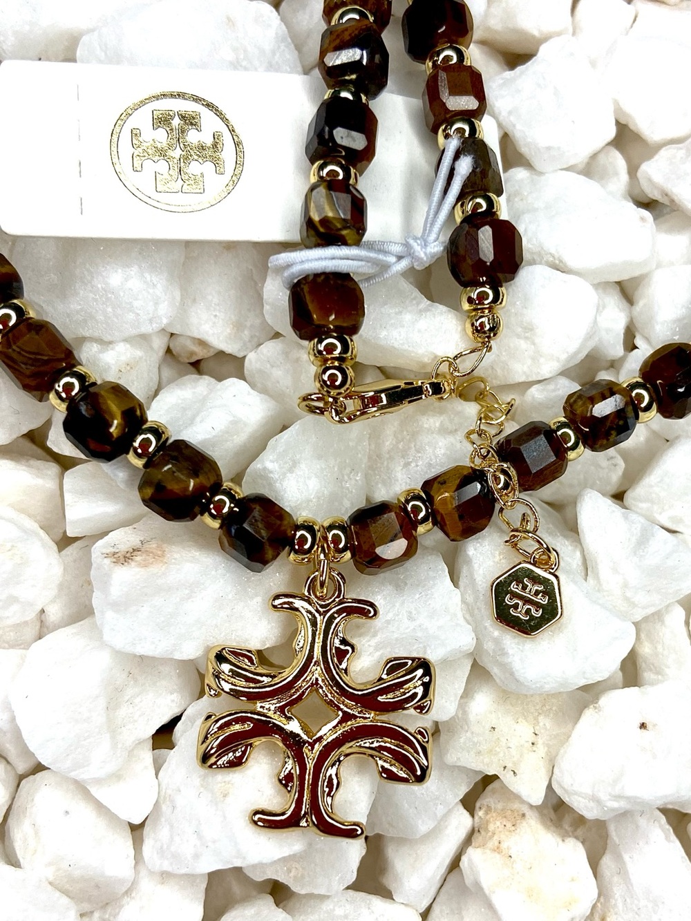 Tory Burch Tigers eye Brown Beaded Necklace with Gold Cross Pendant w light box - Picture 2 of 5